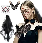 Lufdegim Day of the Dead Veil Halloween, Bridal Veil Hair Band, Lace Gloves, Temporary Face Tattoos, Halloween Costume Accessory for Halloween, Carnival, Masquerade, Cosplay, Party, Pack of 3