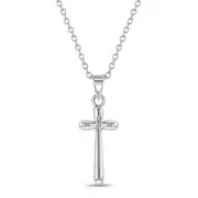 925 Sterling Silver Girl's 16" Round Edge Plain Stick Cross Pendant Necklace ...