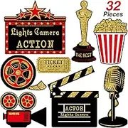 Hicarer 32 Pieces Movie Party Decorations Red Carpet Cutouts Cards Table Toppers Movie Theme Decor Double Sided Printing Golden Black Red for Night Party Supplies