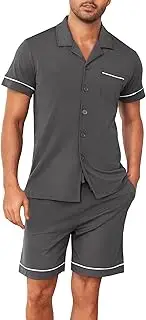 [Winovia] Men's Short Pyjamas Made of 100% Cotton with Buttons, Lightweight Summer Pyjamas, Short Sleeves and Shorts, Comfortable for Home, Travel and Relaxation