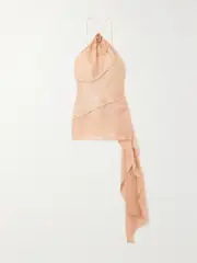 [Victoria Beckham] Victoria Beckham - Asymmetric Appliquéd Metallic Chiffon Halterneck Top - Blush - UK 6 UK 6 Pink