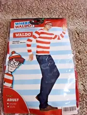 Spirit Halloween Adult Where's Waldo Costume Shirt, Hat & Glasses Size L-XL NEW