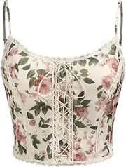 [CIDER] Women's Scoop Neck Floral Lace Up Crop Cami Top