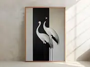 Cranes Japandi Style Print Black White Bird Image Elegant Gallery Wall Art Vintage Japanese Style Simple Artwork