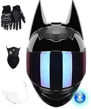 Girl bat Ears Bluetooth Helmet, Women Motorbike Helmet, Cat Ear Helmet, ECE Certified Full Face Motorcycle Helmet, Four Season Helmets, with Visor, for Street Racing Motocross