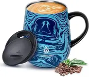 [Ideus] Coffee Mug 470ml (16oz), Double Wall Vacuum Insulated Stainless Steel Coffee & Tea Cup w/Non-Slip Handle & Slider Module Lid & Large Volume (Blue-Zebra)