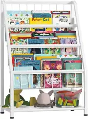 4-Tier Metal Kids Bookshelf Rack with Toy Storage Organizer 25.7"H (WHITE)