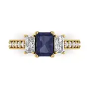 1.82ct Emerald RD 3 stone Blue Sapphire Promise Engagement Ring 14k Yellow Gold