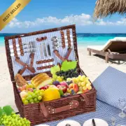4 Person Picnic Basket Set Insulated Blanket Willow Wicker Camping Beach