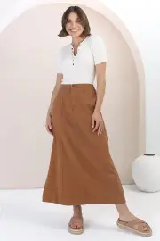 Quinn Denim Maxi Skirt - Elasticated High Waisted Denim Skirt in Tan