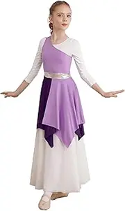 [Riismen] Kids Girls Praise Worship Dance Dress Patchwork Asymmetrical Hem Liturgical Church Dancewear