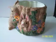 HANDMADE RABBIT STUMP PLANTER glazed inside & outside 7 1/2" by 11"