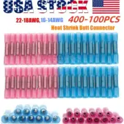 400-100PCS 22-14AWG Heat Shrink Butt Wire Splice Connectors Crimp Terminals