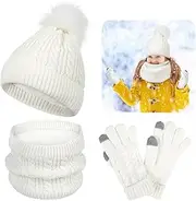 [byepica] Winter Warm Hat, Scarf, And Gloves Set For Kids, Lined Beanie And Neck Warmer For Ages 5-12, Keeps Children Warm, Beige, One Size, Beige, One Size