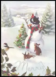 Greeting Card - Bird Chipmunk Rabbit Snowman - Laurie Cook - Christmas 0841