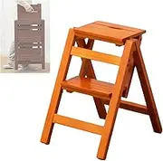 Folding Wooden Step Stool, Household Solid Wood Step Ladder, load up 100kg, Multi-Function Ladder Chair with Anti-Slip Wide Pedals, Portable Storage Rack for Ladders, Stools, Bookcases(Brown,2 layers)