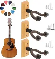 iDopick Guitar Wall Mount, 3 Pack Hangers With 10 Picks, Hardwood Holder Adjustable Hook, Electric and Acoustic Wall Mount for Bass, Mandolin