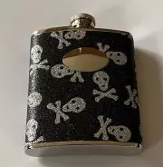 Limited Edition Flasks Flask with Black Glittery Skull and Bones - 6oz