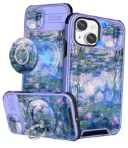 Case 6.7 Inch - with Ring Stand & Camera for iPhone 15 Plus Blue Water Lily