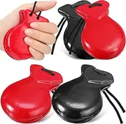 Motionchic 4 Pack Spanish Castanets Flamenco with String Traditional Wood Hand Percussion Castanets for Kids Adults Music Instrument Spain Souvenir Gift, 2 Pairs(Black,Red)
