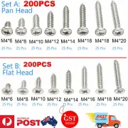 200pcs M4 304 Stainless Steel Pan Flat Head Self-Tapping Screws Assorted Kit Set