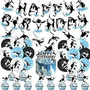 Ylimaf Orca Birthday Party Supplies Set: HAPPY BIRTHDAY Banner, 18 Colorful Balloons (3 Styles), Cake Topper, 12 Cupcake Toppers, Spirals - Ocean Theme, Orca Subject Character