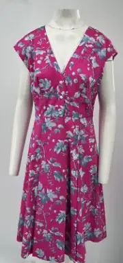 Carolina Herrera+Rose Cumming Pink Cap Sleeve Leaf Print A-Line Dress sz 10 NWT