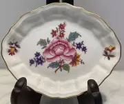 NOS HEREND MULTI -COLOR FLORAL OVAL SMALL SCALLOPED TRAY DISH GOLD RIM HUNGARY