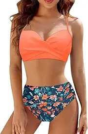 [Generic] Women High Waisted Bikini Sets Two Piece Swimsuit Push Up Twist Front Ruched Bathing Suit Solid Swimwear, Orange-b, Large