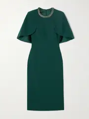 [Jenny Packham] Jenny Packham - Flirtini Cape-effect Crystal-embellished Crepe Midi Dress - Emerald - UK 10 UK 10 Green