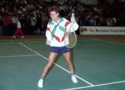 Singer Cliff Richard in action during his Pro Celebrity Tennis co - Old Photo