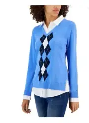 Tommy Hilfiger Argyle Blouse Sweater Shirt Layer Collared Small Blue Macy's NEW