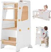 4 in 1 Toddler Kitchen Tower, Kids Kitchen Stool Helper, Standing Tower with Convertible Table and Chair, Toddler Step Stool with Adjustable-Height,Whiteboard and Safety Rail for Kitchen (White)