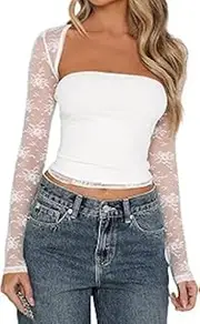JOKELAMB Women Lace Bolero Shrug See Through Floral Cardigan Sheer Mesh Cropped Y2K Going Out Tops