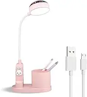 ALUOCYI Pink Kids Desk Lamp with Pen Holder, Rabbit Cute LED Desk/Table Lamp with Dimmable Natrue Light, USB Rechargeable and Funny Projector, Small Bedside lamp, LED lamp for Girls Bedrooms
