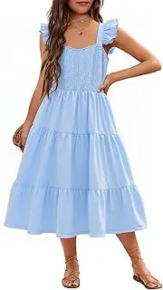 RETSUGO Girls Dresses Summer Flutter Sleeve Swing Casual Solid Color Tiered Smocked Dress 6-12 Years Old