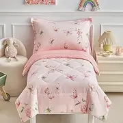 DuShow Pink Butterfly Toddler Bedding Set for Girl,4 Pieces Toddler Bed Set, Jacquard Seersucker Toddler Comforter Set,Includes Comforter,Flat Sheet,Fitted Sheet and Pillowcase