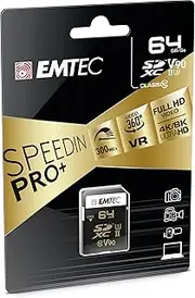 EMTEC - SDXC UHS-II U3 V90 SpeedIN Pro+ ECMSD64GUHS2V90 - Memory Card - Burst Photos, Full HD, 3D, 4K, 8K UHD - Memory Capacity 64GB - 2 Rows PIN on The Back - Black/Gold