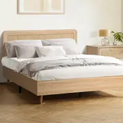 Oikiture Bed Frame Queen Size Wooden Bed Frame Rattan Headboard