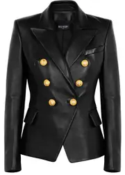 Balmain Black Double-breasted Leather Blazer - 14 14
