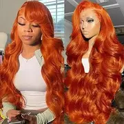 MARRY MOON Glueless Human Hair Wig with Ginger Front Pre Cut Material: Glueless Human Hair Wigs 350# Human Hair Wigs with Lace Front
