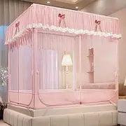 Bed Tent Full Size Bed Canopy, Princess Bow Ruffles Lace Fall-Proof Fattened Sheet Dream Tents,Breathable Mesh, with Three Doors(Dark Pink,150x200cm/Full)