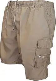 [Generic] Men's Cotton Full Elastic Waist Cargo Shorts Loose Fit Drawstring Short Khaki