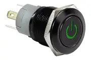 3/4" Black Stainless Steel Power Switch w/ Green LED Latching Button 19mm 12V
