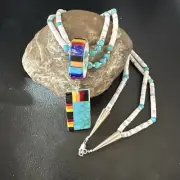 Santo Domingo MultiColor Turquoise Sterling Necklace Inlay Pendant 24" 16857