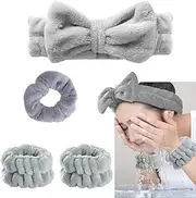 Vimdier Spa Headbands, Bowtie Face Wash Headband and Wristband Set 4 Pack Wrist Washband Women Headbands for Women for Washing Face Makeup Cosmetic Facial Spa Elastic Hair Band (grey)