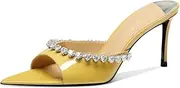 [Tupakei] Women's Heeled Mules Crystal Rhinestone Pointed Toe Mules Sparkly Open Toe Mules Wedding Party Shoes
