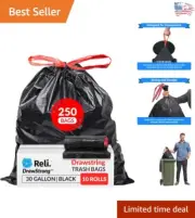 Tear-Resistant 30 Gallon Black Trash Bags with Red Drawstrings - 250 Count Pack