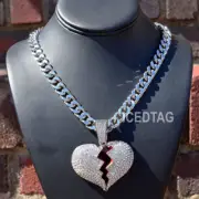 White Gold Plated Broken Heart Pendant Iced Cubic-Zirconia 30" Fashion Cuban