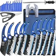 XYJ Authentic Since 1986,10-pcs Kitchen Knife Set,High Carbon Steel Forged Chef Knives,Vegetable Meat Cleaver,Carving,Nakiri,Full Tang,Cutlery Knife with Bag,Sharpener Poultry Scissor(Blue)